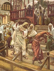 Jezus uzdrawia w synagodze człowieka opętanego przez demona, ilustracja do „La Vie de notre Seigneur Jésus-Christ”, wydana w Tours w 1896 roku