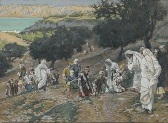 Jezus uzdrawia niewidomych i chromych na górze, ilustracja z Życia naszego Pana Jezusa Chrystusa (wc nad grafitem na papierze)