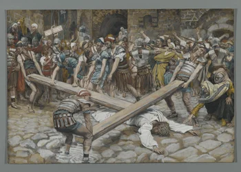 Szymon Cyrenejczyk zmuszony do niesienia krzyża z Jezusem, ilustracja z Życia naszego Pana Jezusa Chrystusa, 1886-94 (wc nad grafitem na papierze)