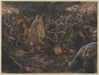 Strażnicy spadają do tyłu, ilustracja z Życia naszego Pana Jezusa Chrystusa, 1886-94 (wc nad grafitem na papierze)
