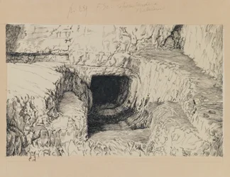 Okrągły kamień widziany z zewnątrz, ilustracja z Życia naszego Pana Jezusa Chrystusa (tusz na papierze)