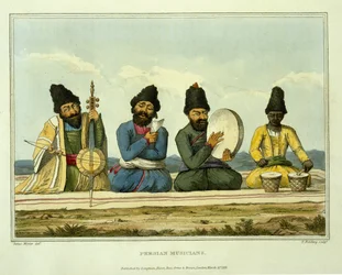 Perscy muzycy, od „Podróż przez Persję, Armenię i Azję Mniejszą do Konstantynopola w latach 1808 i 1809”, rycina T. Fielding, opublikowana w 1816 r.