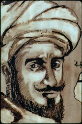 APortret islamskiego mistyka i wędrowca Ibn Battuty. TANGER, MAROKO.