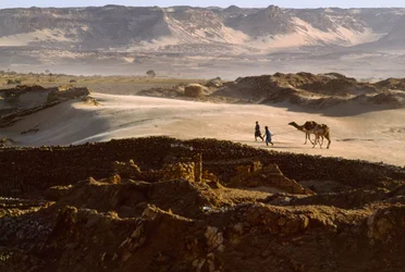 Wielbłąd z członkami karawany soli przekraczają pustynny płaskowyż w BILMA, NIGER. BILMA, NIGER.