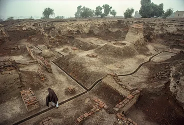 Widok dołu wypełnionego resztkami ceglanych murów, ceglana studnia. HARAPPA E..
