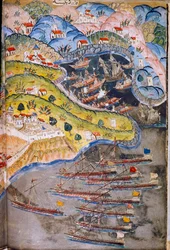 Piraci atakują Niceę we Francji, w posiadaniu Imperium Rzymskiego, w 1543 r. Muzeum Topkapi, Stambuł, Turcja.