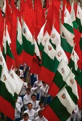 Procesja bułgarskich flag podczas obchodów święta narodowego. Sofia, Bułgaria.