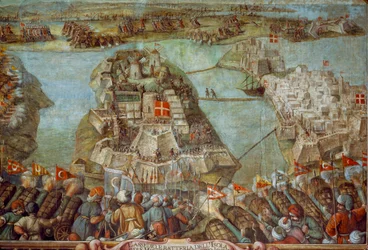 Ten fresk przedstawia tureckie oblężenie Malty w 1565 roku. Dzieło sztuki.