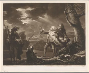 David Garrick jako Król Lear z hrabią Kentu i Edgarem przebranym za Toma w burzliwym krajobrazie
