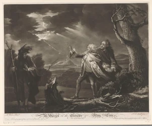 David Garrick jako Król Lear z hrabią Kentu i Edgarem przebranym za Toma w burzliwym krajobrazie Pan. Garrick w postaci króla Leara (tytuł na obiekcie)