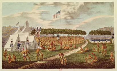 Widok wielkiego traktatu zawartego w Prairie du Chien, Wisconsin, wrzesień 1825, z „The Aboriginal Portfolio”, 1825