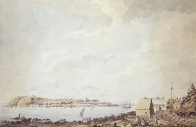 Widok z miasta Quebec, stolicy Kanady, zaczerpnięty z Ferry House po przeciwnej stronie rzeki, 3 października 1784 (pióro i atrament oraz akwarela na papierze)