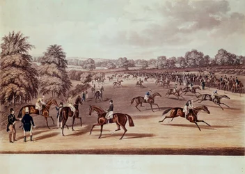 Wyścigi konne w Epsom przed wyjazdem Ilustracja Jamesa Pollarda (1792-1867) XIX w. Kolekcja prywatna