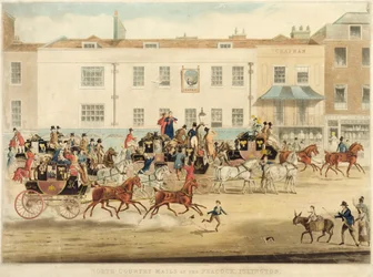 Dyliżanse pocztowe z północnych hrabstw przy The Peakcock, Islington, 1838