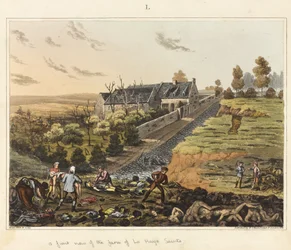 Widok od frontu na farmę La Haye Sainte z "An Historical Account of the Battle of Waterloo".