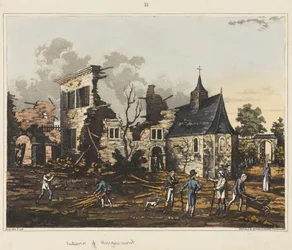 Wnętrze Hougoumont, z „Relacji historycznej z bitwy pod Waterloo”, 1817 (kolorowa akwatinta)