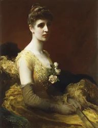 Portret Lady Dixon z Rhedy, długości 3/4, siedzącej w żółtej sukience z kwiatami trzymającymi wachlarz,