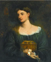 Obrazy prerafaelickie: Pandora (Pandore) par Smetham, James (1821-1889), ok. 1865. Olej na płótnie, 76,5x61. Prywatna kolekcja