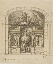 Projekt scenografii scenicznej (Hampton Court) z postaciami mitologicznymi
