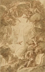 Rysunek przygotowawczy do ryciny autorstwa C. du Bosc, do Biblii Kaplicy Królewskiego Kolegium Morskiego. Praca (43x26,6 cm) autorstwa Jamesa Thornhilla (1675-1734), początek XVIII wieku.