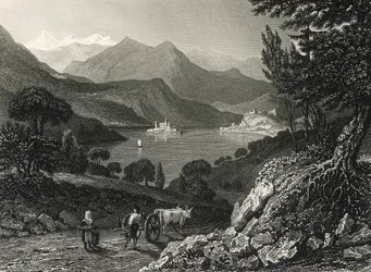 Jezioro Orta, rycina James Tibbits Willmore (1800-1863), z rysunku Williama Brockedona (1787-1854)