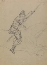 Sir Charles Blunt (ur. 1775) Polowanie na dzika i ucieczka przed tygrysem: studium do jednego z zestawu czterech obrazów wykonanych w 1815 r. (ołówek podkreślony bielą na szarym papierze)