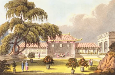 Sala bankietowa w domu mandaryna w pobliżu Kantonu, z „Dziennika podróży, w 1811 i 1812 do Madrasu i Chin”, rytowana przez J. Clarka, opublikowana w 1814 r.