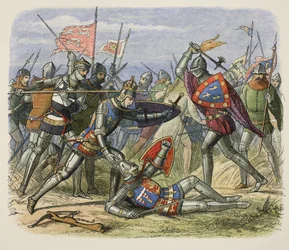 Henryk V zaatakowany przez księcia Alencon na polu bitwy, od A Chronicle of England BC 55 do AD 1485, wyd. Londyn
