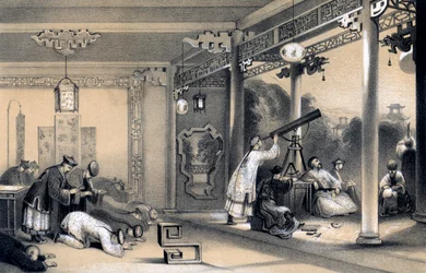 Ceremonie obchodzone w każdej prowincji i mieście Chin, z okazji zaćmienia, 1847.