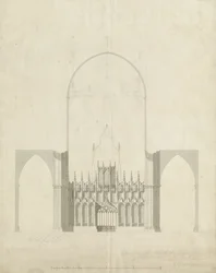 Wnętrze katedry w Lichfield - Wejście z chóru do nawy: rysunek i pranie, bd [ok. 1780]