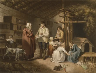 Sprzedawanie królików, grawerowane przez Williama Warda (1766-1826) 1796 (kolorowa mezzotinta)