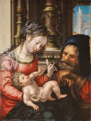 Święta Rodzina - Obraz Jana Gossaerta dit Mabuse (ok. 1478-1532), olej na drewnie, ok. 1527-1530, 55,9x42 cm - Święta Rodzina, Olej na drewnie Jana Gossaerta - Museo de Bellas Artes de Bilbao