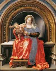 Dziewica z Dzieciątkiem - Jan Gossaert (Gossart, dit Mabuse) (ok. 1478-1532). Olej na drewnie, ok. 1526-1527. Wymiar : 30,6x24,5 cm. Muzeum Historii Sztuki, Wiedeń