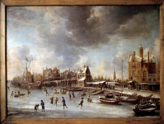 Zimowy krajobraz. Łyżwiarze na zamarzniętym jeziorze. Obraz Burstatena (1622-1666) XVII wiek. Berlin, Państwowe Muzeum