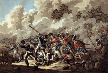 Klęska gwardii francuskiej przez górali, La Haye Sainte, podczas bitwy pod Waterloo, 1815 (kolorowa akwatinta)