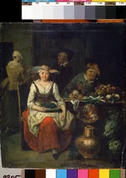 U sprzedawcy owoców i warzyw (U warzywniaka). Obraz Jana Baptysty Lambrechtsa (1680-1731). Sztuka flamandzka. Olej na drewnie. Państwowe Muzeum Sztuki M. Ciurlionisa, Kowno