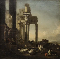 Pejzaż włoski z chłopami, bydłem i owcami przy ruinach klasycystycznych, ok. 1650 (olej na płótnie)
