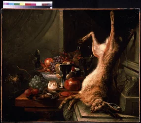 Martwa natura z zająca. Martwa natura z kraba z orzechami laskowymi i cytryną z obraną skórką (skórka). Obraz Jana Baptiste van Moerkerke (1660-1689). Olej na płótnie, sztuka flamandzka. Muzeum Sztuk Pięknych im. Puszkina, Moskwa