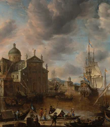 Śródziemnomorski port capriccio z postaciami rozmawiającymi na nabrzeżu i zacumowanym w oddali holenderskim trójmasztowcem, 1665