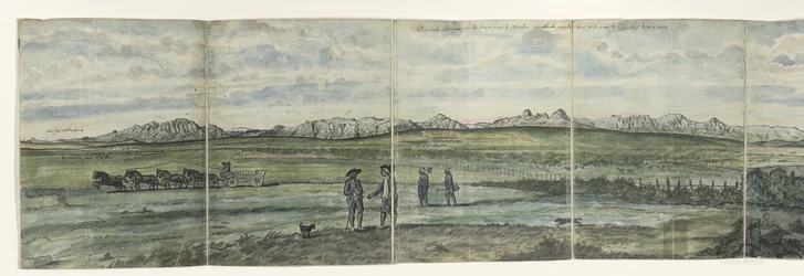 Panorama Hottentotów Holandia Kaapsche Bergen od Przylądka na Północ rozciągającego się od Baay fals do Tygerbergu w poprzek. 1787 (tytuł na obiekcie)
