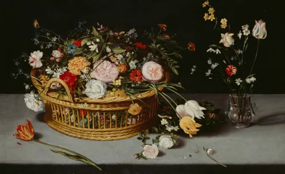 „Martwa natura z koszem i wazą kwiatów”, c1620.
