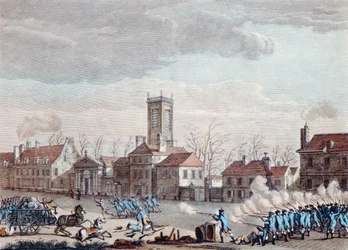 Bitwa przed Eglise de la Chapelle w Paryżu. między strażnikami barier Fermiers Generaux a rewolucjonistami w dniu 24 stycznia 1791 r., ok. 1795 r.