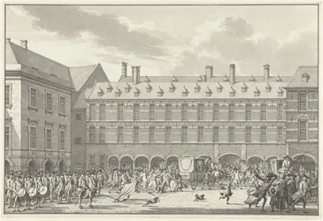 Niepokoje, gdy Deputowani Dordrechtu przejeżdżają przez Stadhouderspoort na Binnenhof, 1786