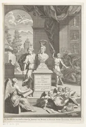 Popiersie Hugo de Groota wychwalane przez Victorię Życie i działalność pana Huig de Groot (tytuł na obiekcie) Strona tytułowa dla: Caspar Brandt i Adriaan van Cattenburg, Historia życia pana Huig de Groot, 1727