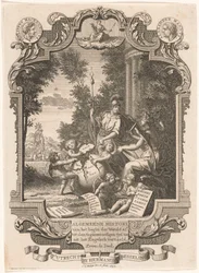 Kartusz z alegorią historii Grecji Strona tytułowa dla: Kornelis Westerbaen, Algemeene histori, 1742