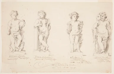 Rysunek, projekty statuetek: "Mądrość". "Stałość". "Elokwencja". "Kupidyn w przebraniu", 1726 r.