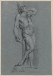 Mężczyzna nago, stojący oparty o drzewo