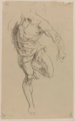 Studium nagiego mężczyzny, stojącego z przodu z podciągniętą lewą nogą, bez głowy