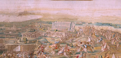 Flamandzki gobelin. Seria Podbój Tunisu. Atak na La Goletę (Ataque a la Goleta). Czwarty gobelin w serii. Model Jan Vermeyen i Pieter Coecke van Aelst. 1543-1548. Produkcja Real Fábrica de Tapices de Santa Bárbara, Madryt
