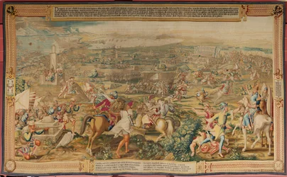 Flamandzki gobelin. Seria Podbój Tunisu. Atak na La Goletę (Ataque a la Goleta). Czwarty gobelin w serii. Model Jan Vermeyen i Pieter Coecke van Aelst. 1543-1548. Produkcja Real Fábrica de Tapices de Santa Bárbara, Madryt